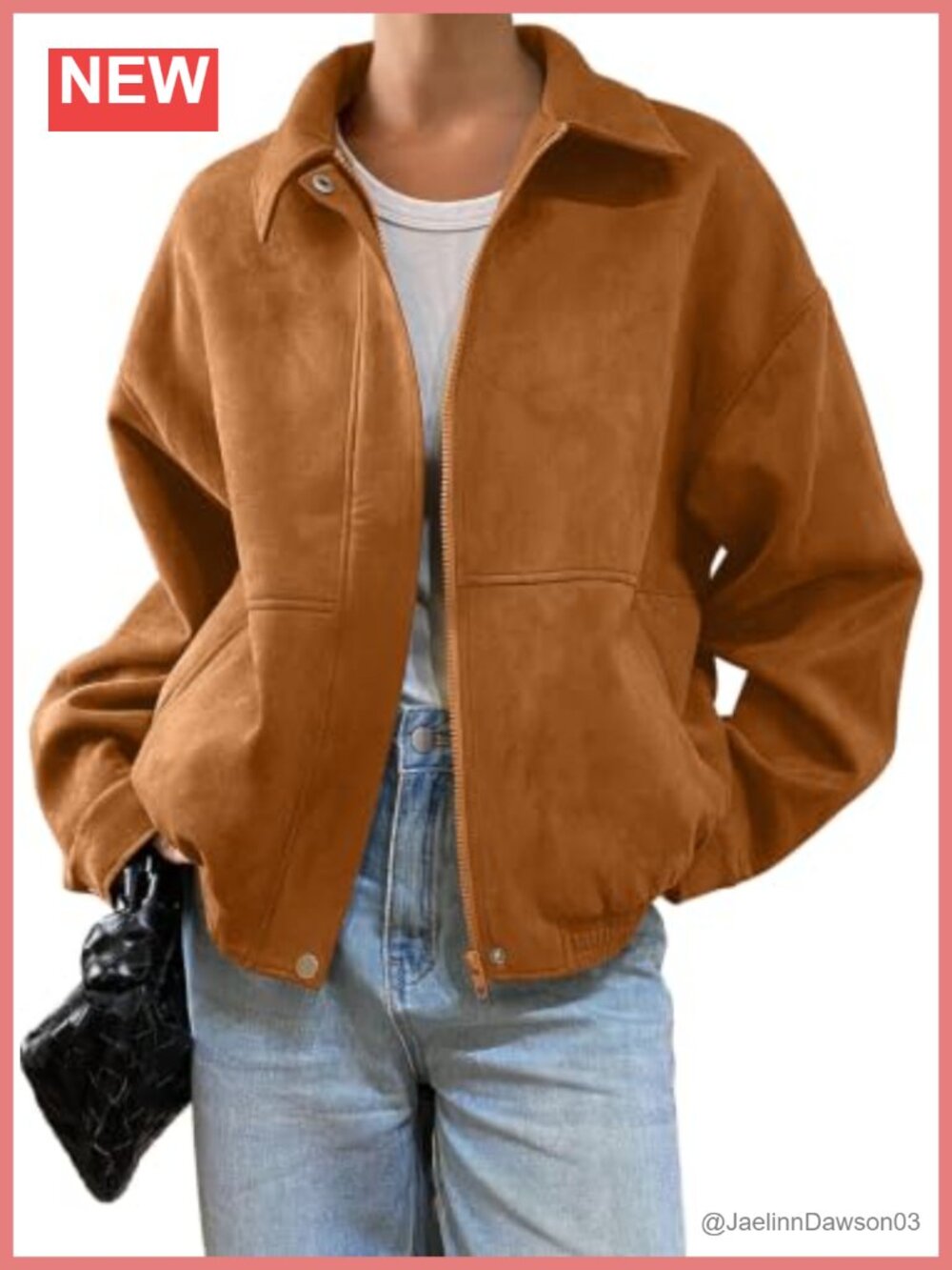 Faux Suede Bomber Jacket Oversized Zip Up Cropped Coat